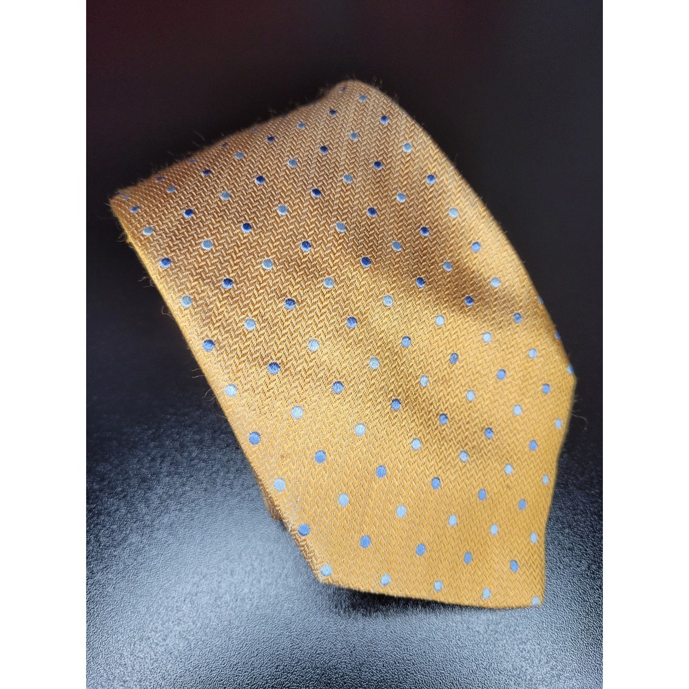 Brioni Mens Silk Tie Gold Mustard Yellow Blue Polka Dot Made in Italy Luxury